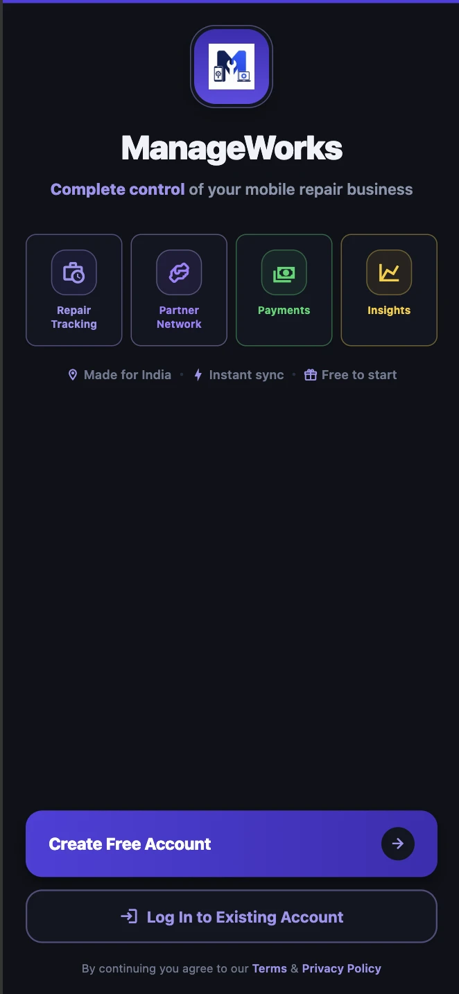 ManageWorks Home screen